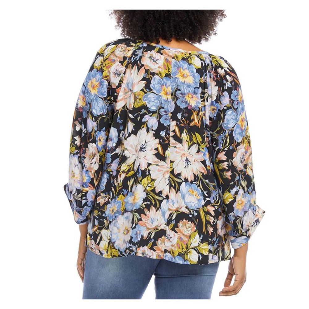 KAREN KANE Womens Black Floral Blouson Sleeve Split Peasant Top Plus 0X - Picture 2 of 3